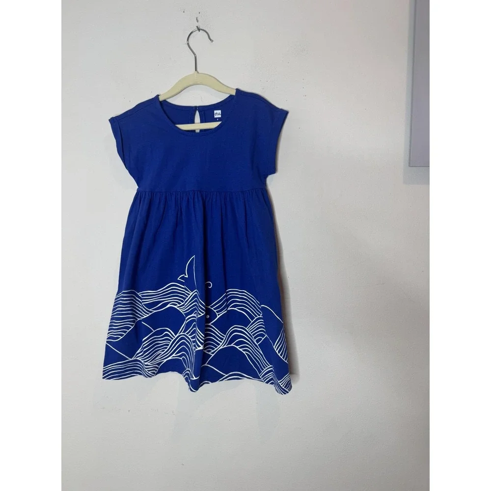 Tea Collection Dress Girls 5‎ Blue Whale Ocean Waves Short Sleeve Cotton Graphic